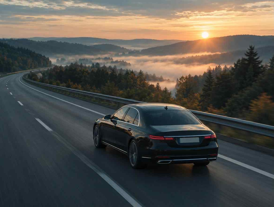 Schwarze Limousine auf der Autobahn bei Sonnenaufgang