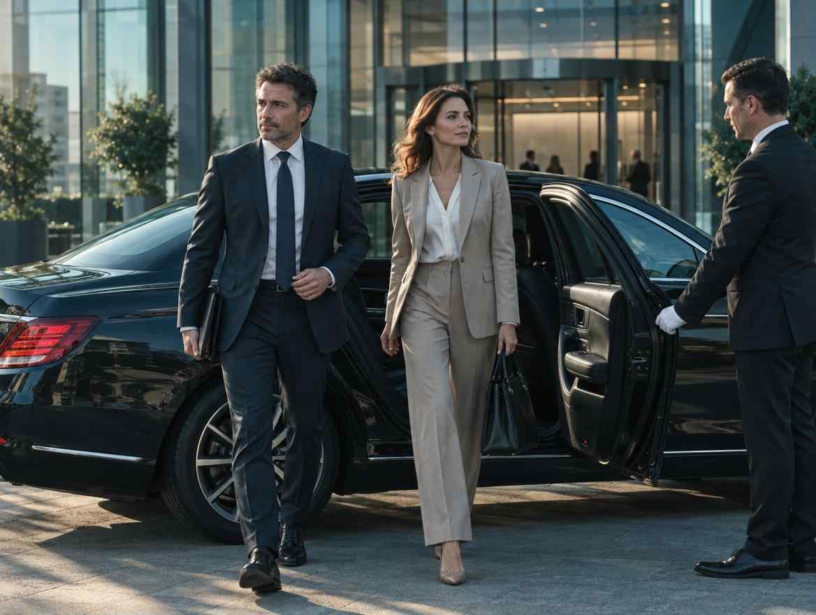 Zwei Führungskräfte steigen vor einer Firmenzentrale aus einer Limousine