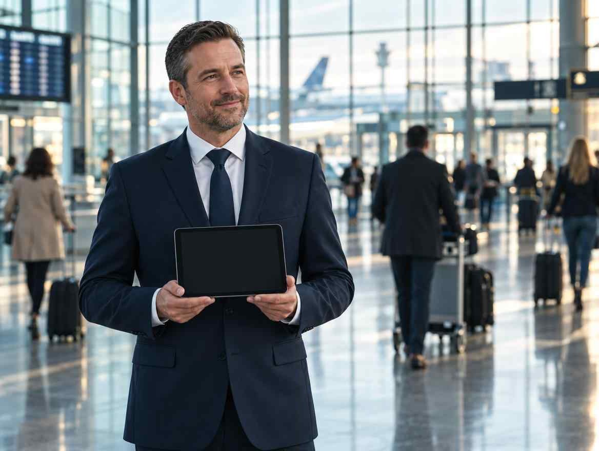 Chauffeur wartet mit Tablet als Namensschild in der Ankunftshalle