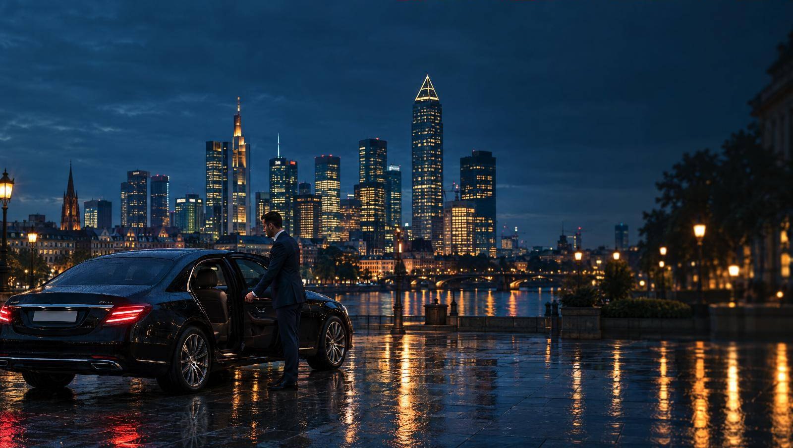 Schwarze Limousine mit Chauffeur an der geöffneten Tür vor der Frankfurter Skyline am Abend