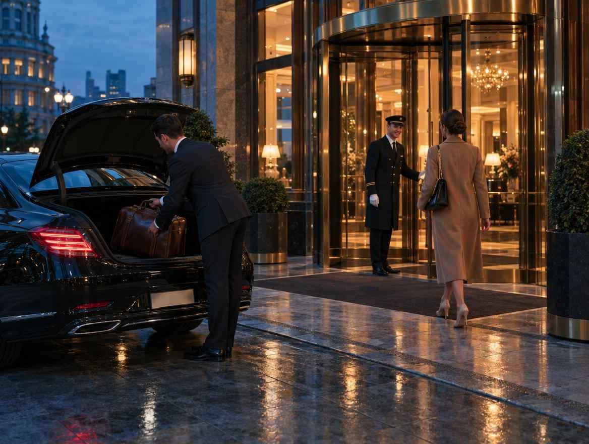 Chauffeur verstaut einen Koffer vor einem Hoteleingang