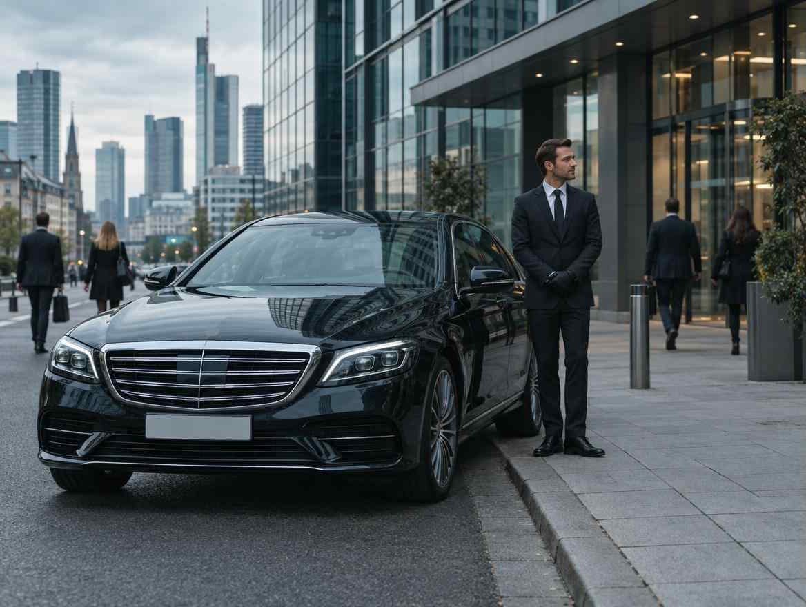 Schwarze Limousine wartet mit Chauffeur vor einem Bürohochhaus